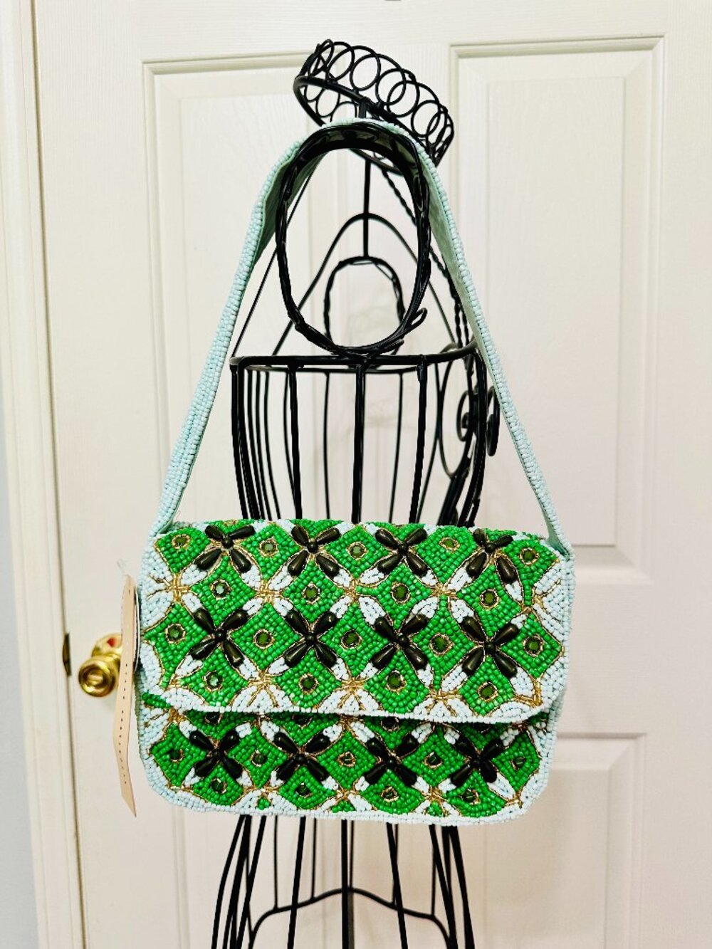 STUDIO 12 HAND BEADED IN INDIA GREEN BLACK AND GOLD SHOULDER BAG